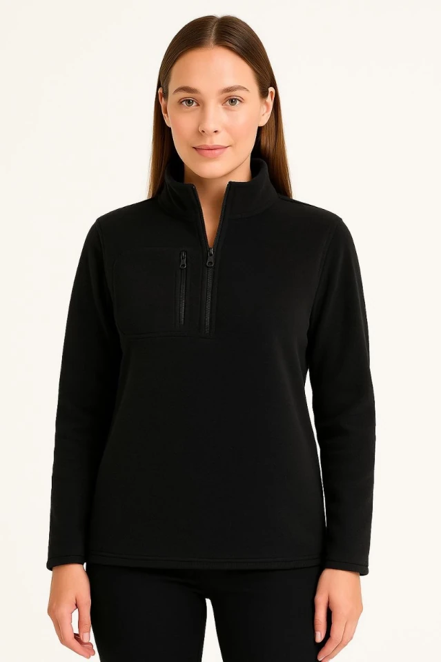 Polar Kazak – Dik Yaka, Yarım Fermuarlı, Fermuarlı Göğüs Cepli, Siyah Biyeli, Kışlık Rahat Regular Fit Günlük Model - Siyah