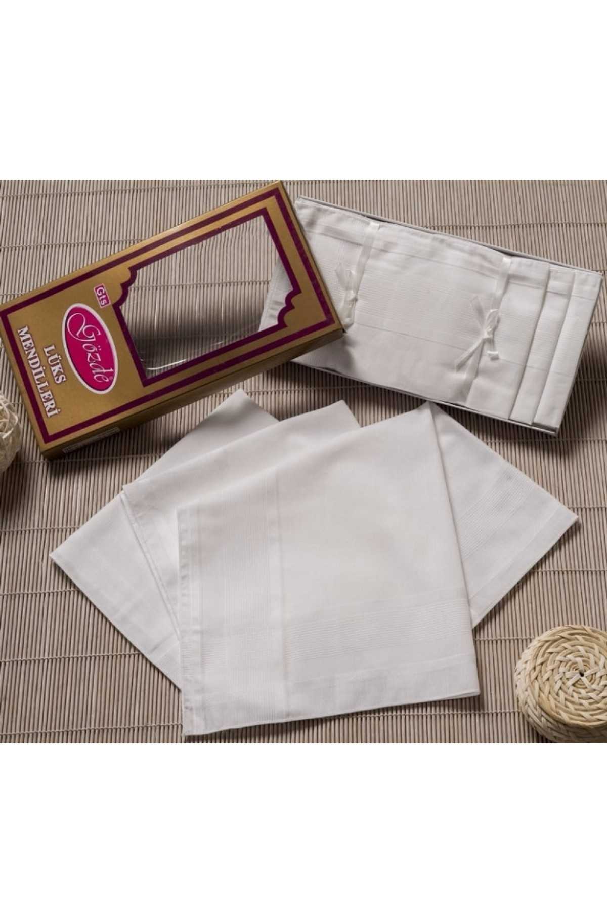 Sarı Kutulu 46x46 cm 12 Adet Kumaş Mendil-Beyaz