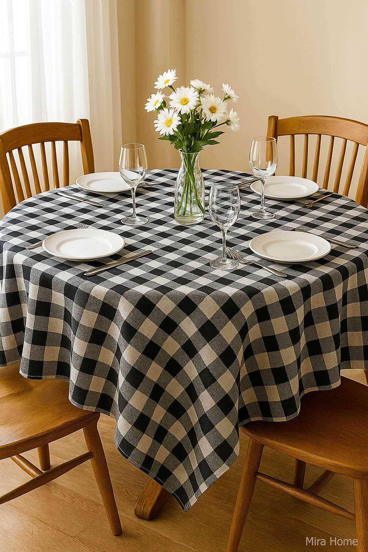 Fiber Kareli Masa Örtüsü Sofra Bezi Ekose Desen 160x160 Cm Siyah