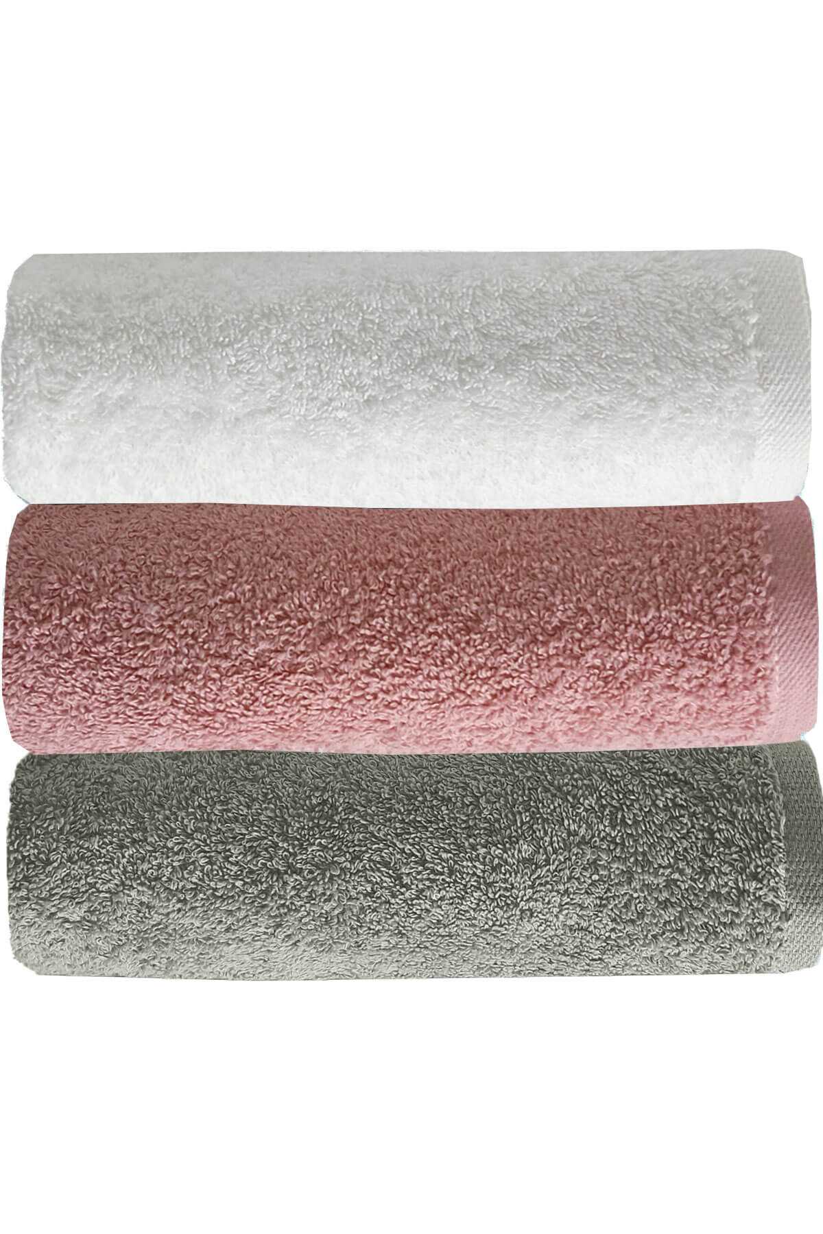 3 lü Düz Renk El Yüz Havlu Seti &amp;#37;100 Pamuklu 50x90 Cm Gri-Gül-Beyaz