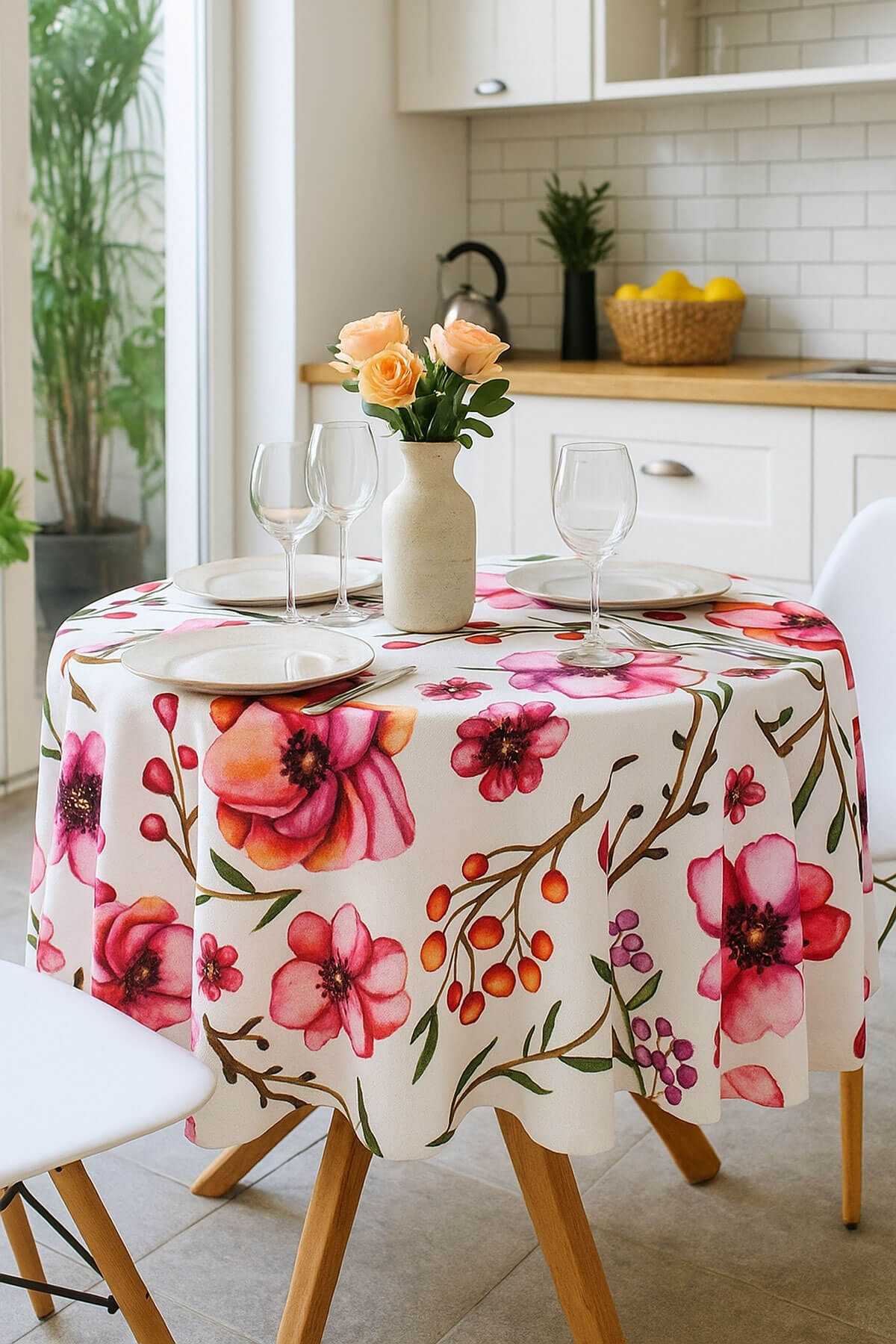Yuvarlak Çiçek Desenli Duck Kumaş Masa Örtüsü 150x150 Cm