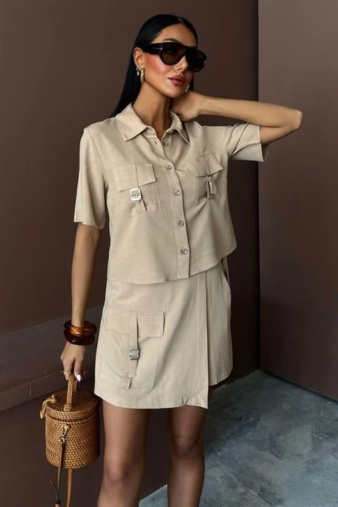 Gömlek Şort Etek Viscon Keten Takım 10162