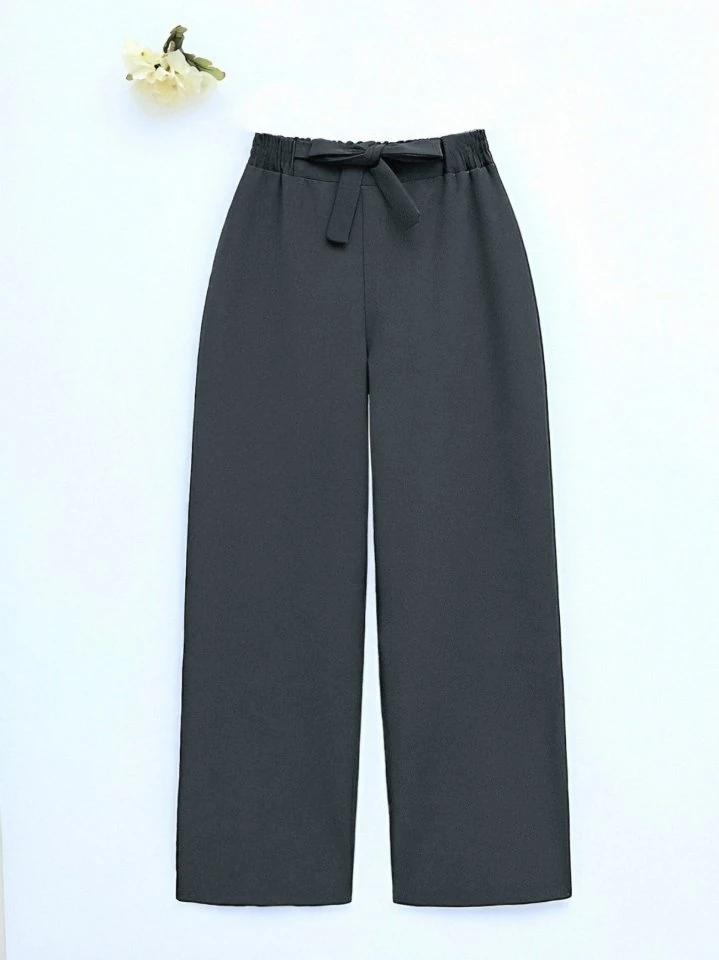 Duble Kumaş Beli Kuşaklı Bol Paça Pantolon    -Füme