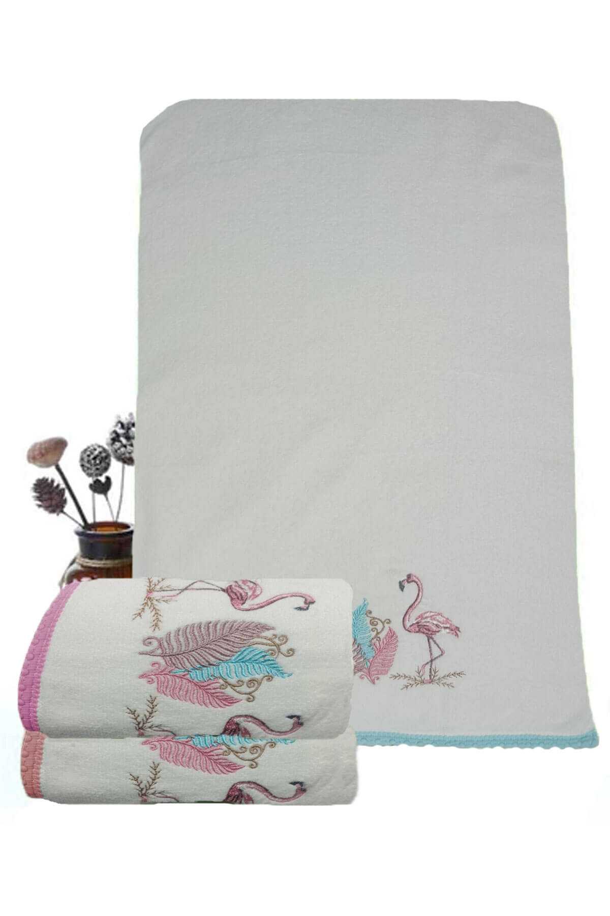 3 Lü Renkli Kuğu Nakışlı Su Taşı Kenar İşlemeli Havlu Seti 50X90 Cm