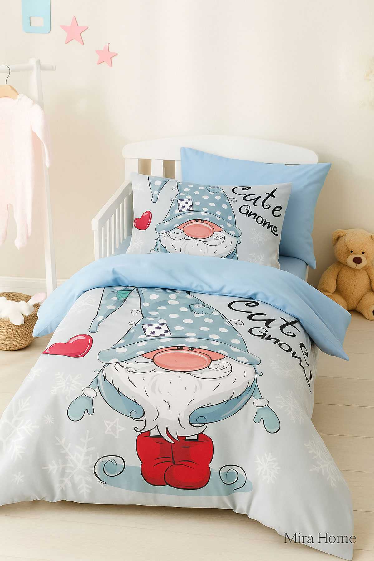 Dijital Baskılı 3d Pamuklu Yenidoğan Bebek Nevresim Takımı Cute Gnome Blue