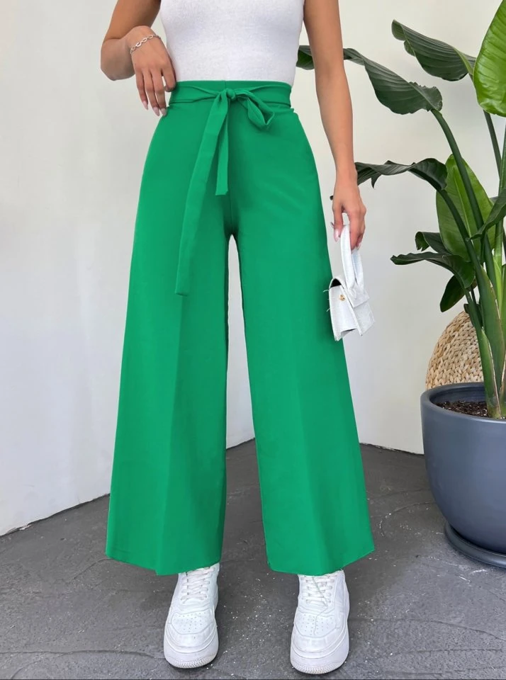 Beli Bağcıklı Double Bol Paça Pantolon     -İlkbahar Yeşili