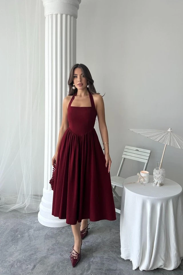 Bordo Boyundan Bağlamalı Keten Elbise