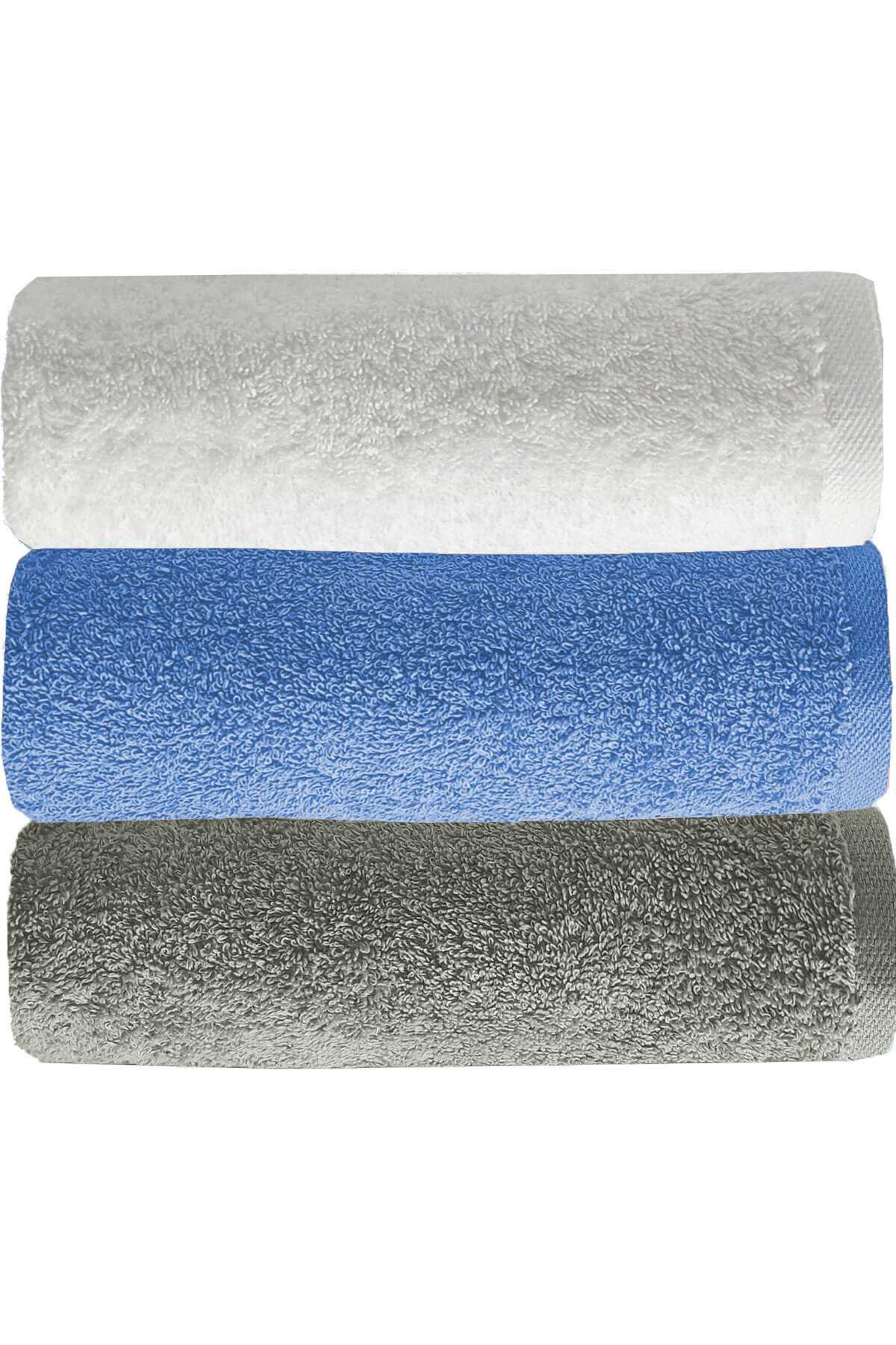 3 lü Düz Renk El Yüz Havlu Seti &amp;#37;100 Pamuklu 50x90 Cm Gri-Mavi-Beyaz