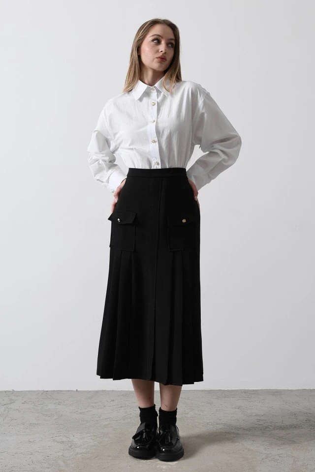 Pileli Kontrast Gömlek Elbise - Beyaz