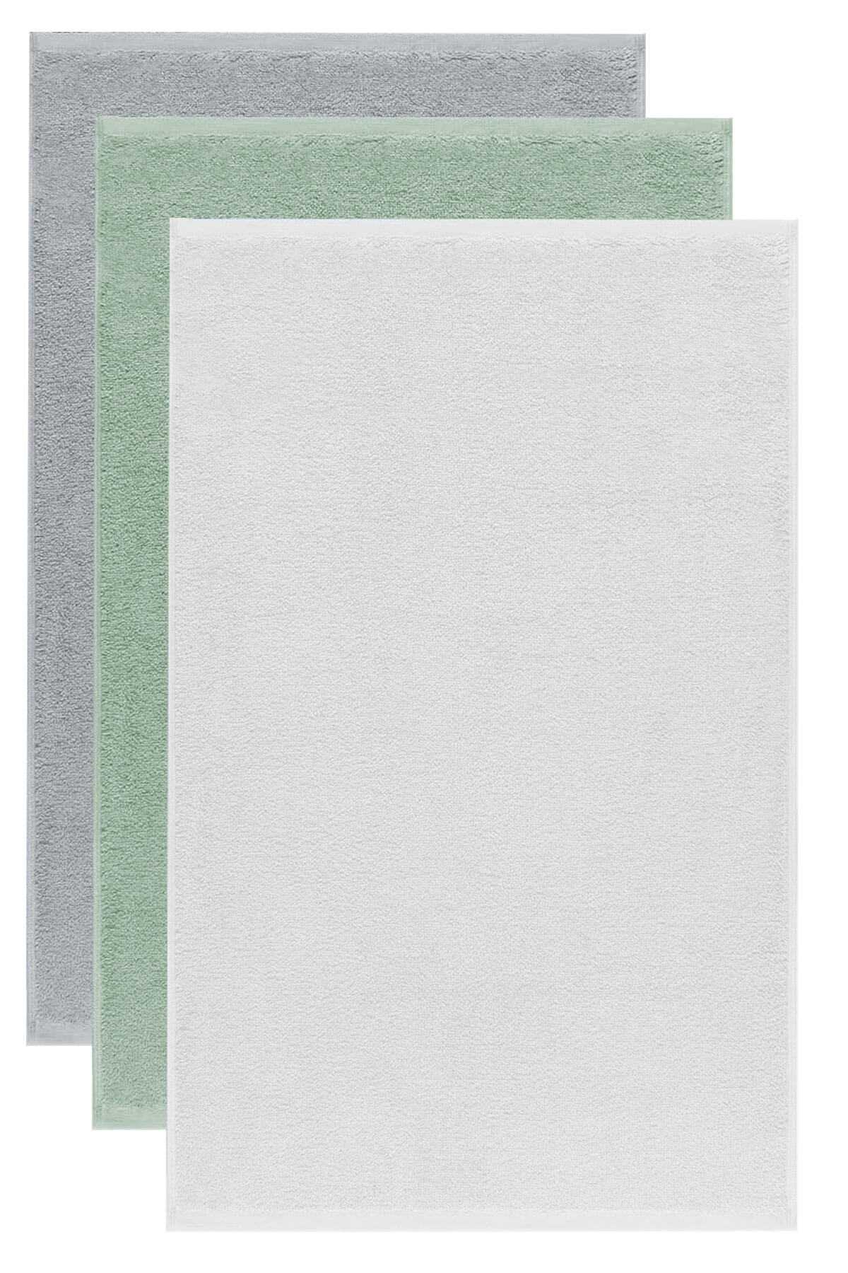 3 lü Düz Renk El Yüz Havlu Seti &amp;#37;100 Pamuklu 50x90 Cm Gri-Yeşil-Beyaz