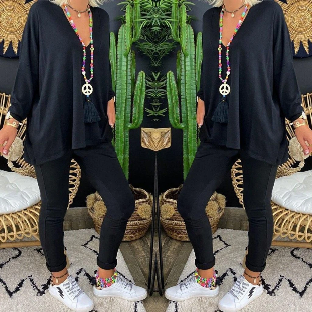 Kadın Uzun Kollu Derin V Yaka ön Kısa Arka Uzun Viskon Bluz