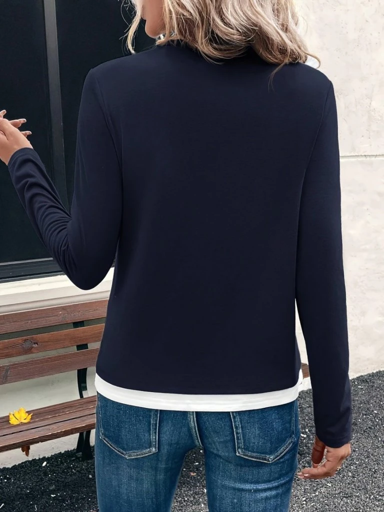 Kadın Uzun Kollu V Yakalı çift Renkli Viskon Iki Iplik Bluz