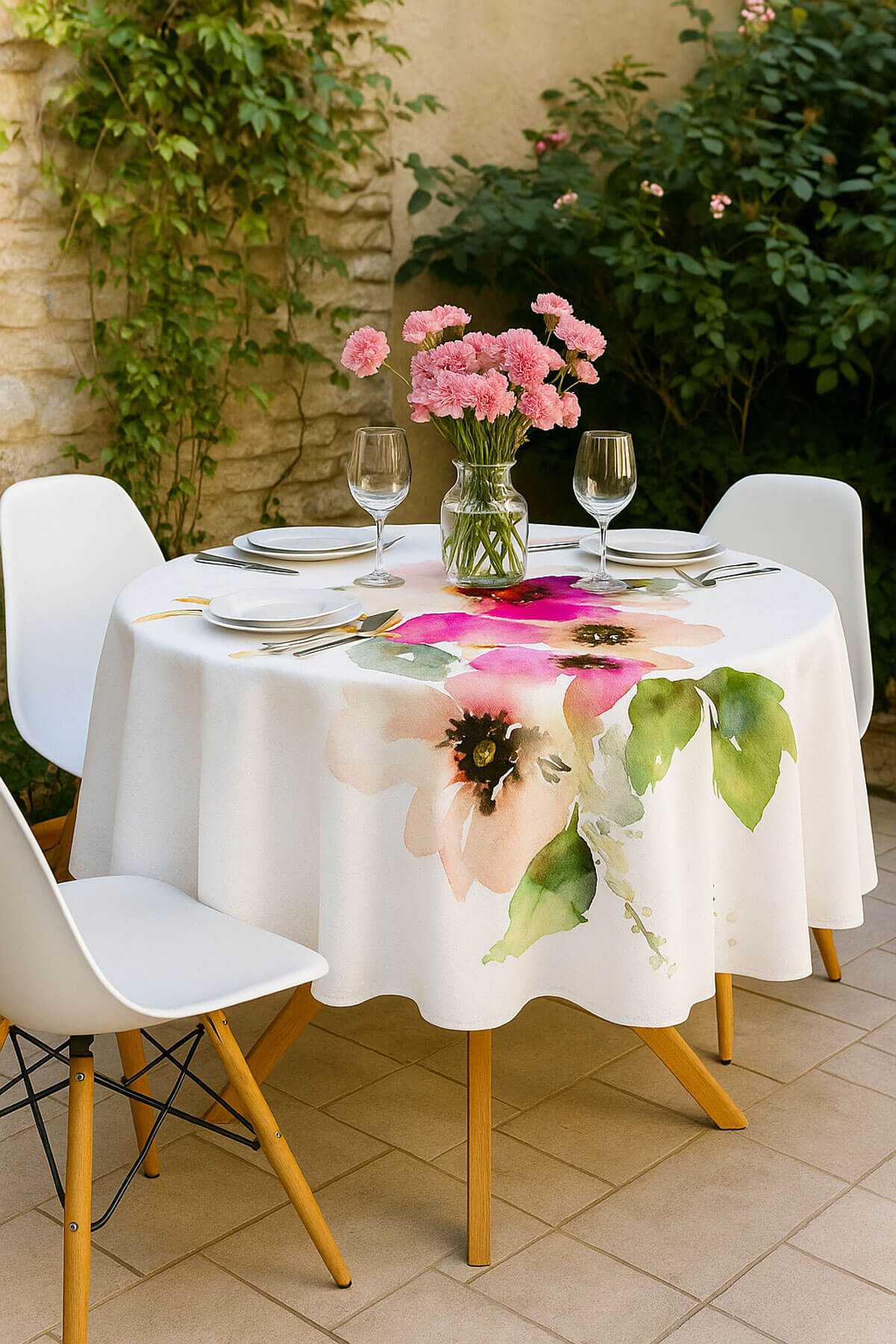 Yuvarlak Pastel Çiçek Desenli Duck Kumaş Masa Örtüsü 150x150 Cm