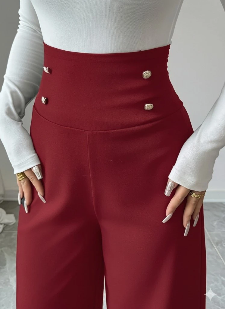 Kadın Yüksek Bel Düğmeli Geniş Paçalı Ithal Krep Pantolon
