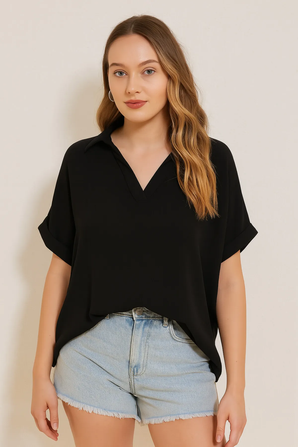 polo yaka rahat kesim yazlık t-shirt/bluz - SİYAH