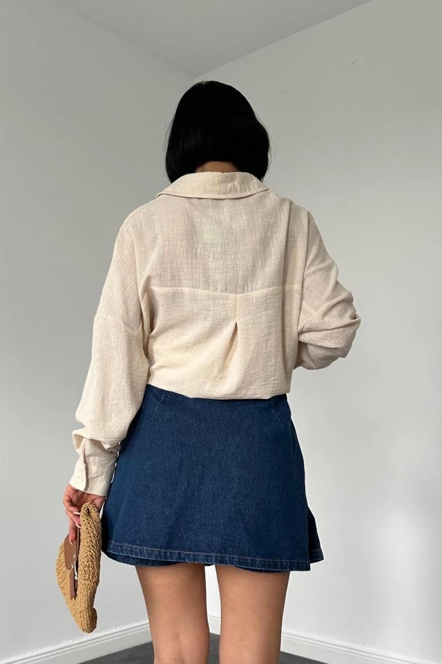 Krem Taş İşlemeli Gömlek