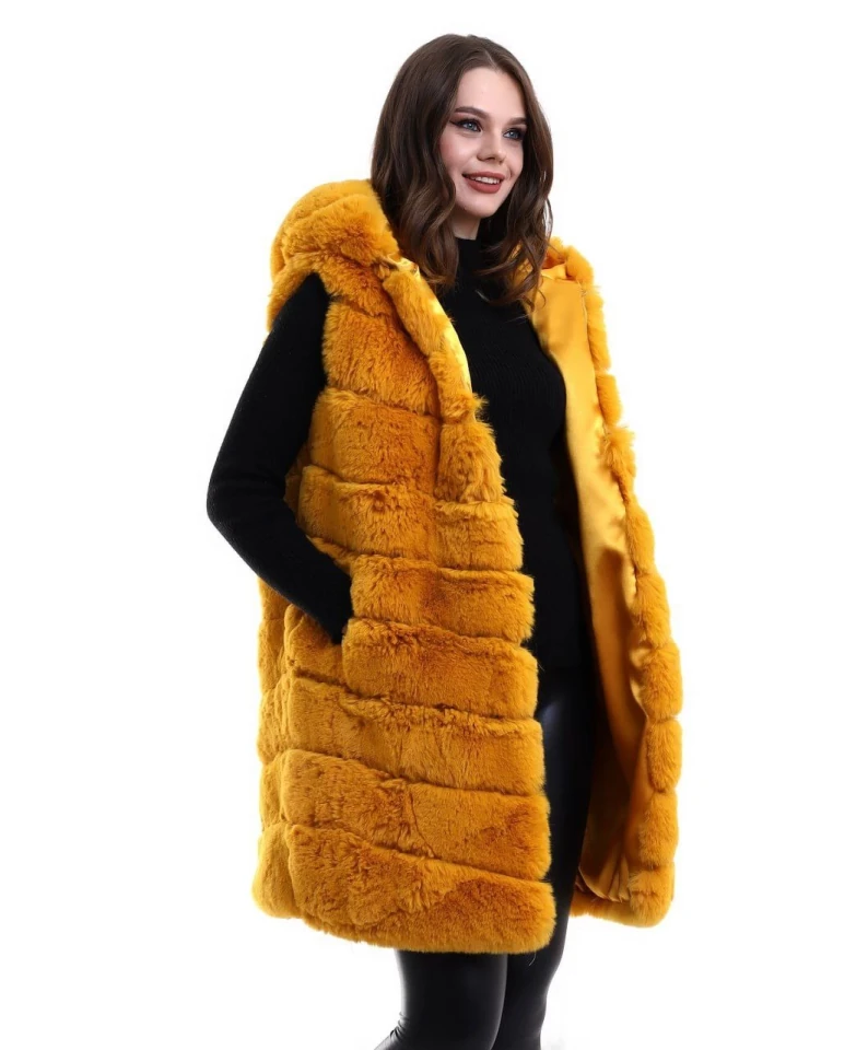 Kapşonlu Peluş Kürk Yelek Premium Kalite, Tam Astarlı, Uzun Model - Sarı