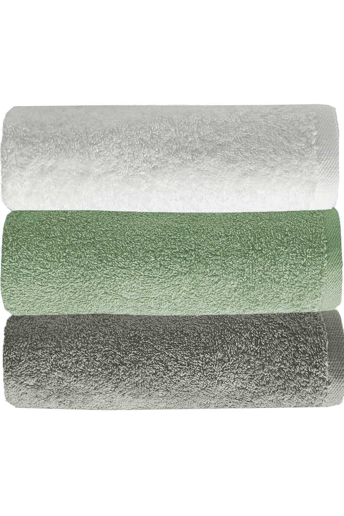 3 lü Düz Renk El Yüz Havlu Seti &amp;#37;100 Pamuklu 50x90 Cm Gri-Yeşil-Beyaz