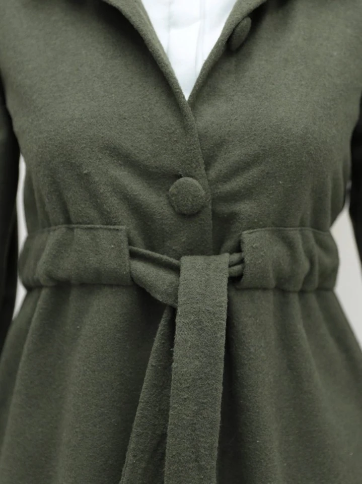 Belden Bağlamalı Top Düğmeli Kaşe Kaban -Haki