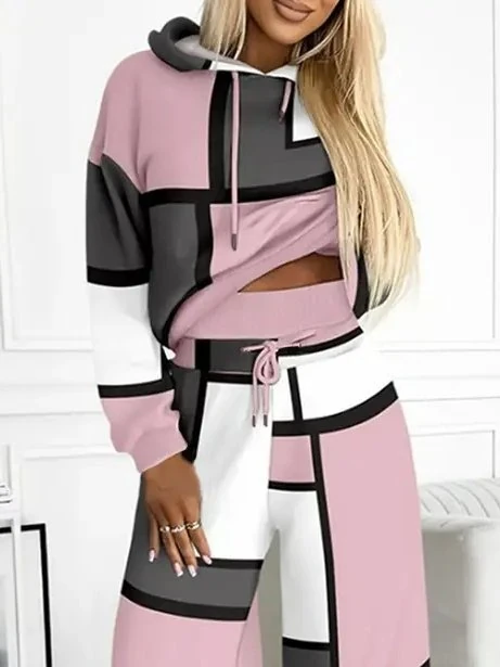 Kadın Uzun Kollu Kapşonlu Bağcıklı Desenli Iki Iplik Bluz Ve Pantolon Ikili Takım