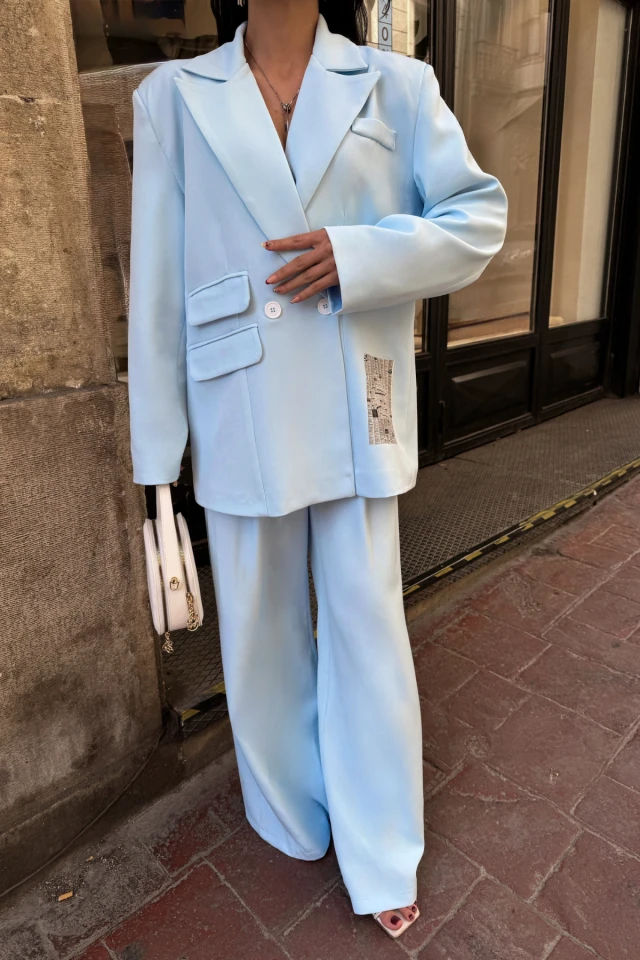 TASARIM ETİKET DETAYLI CEKET - PANTOLON TAKIM - Bebe Mavi