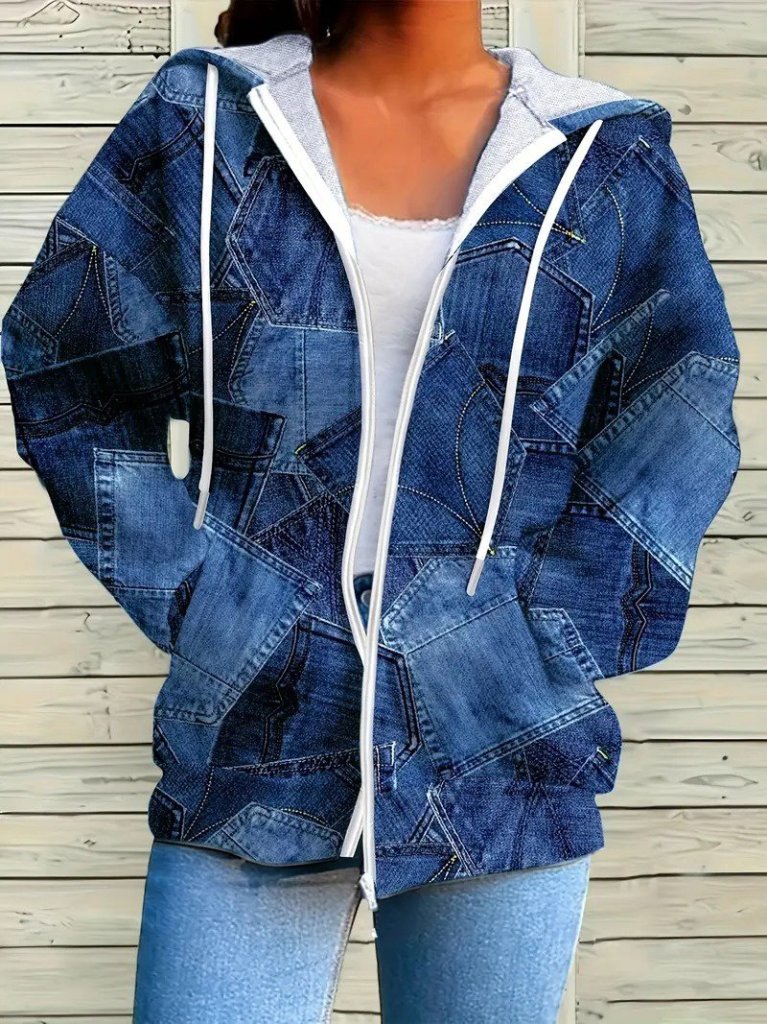 Kadın Uzun Kollu Kapşonlu Fermuarlı Kot Desenli Bağcıklı Modal Ceket