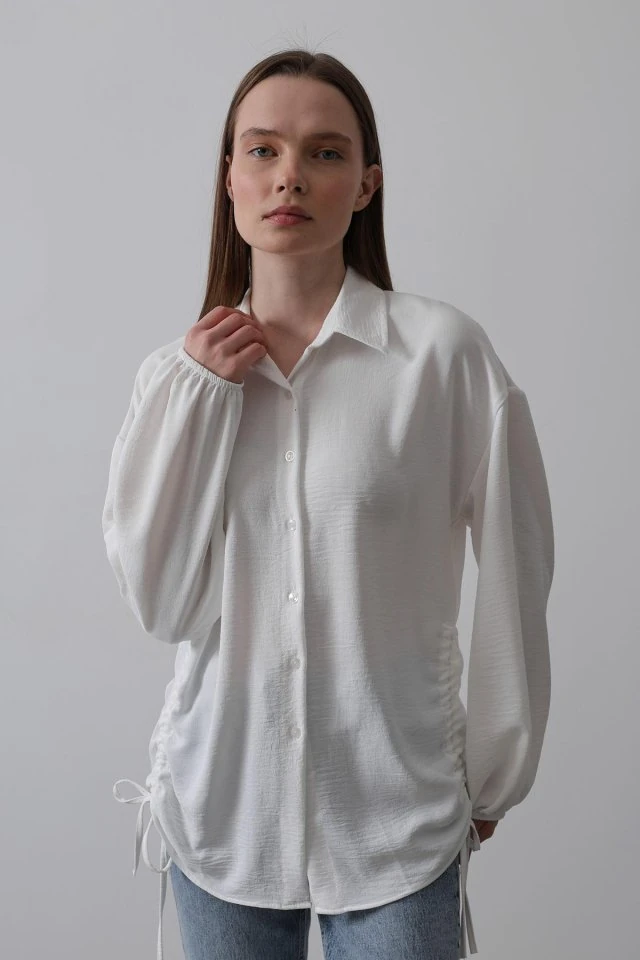 Biye Detaylı Ayrobin Gömlek - Beyaz