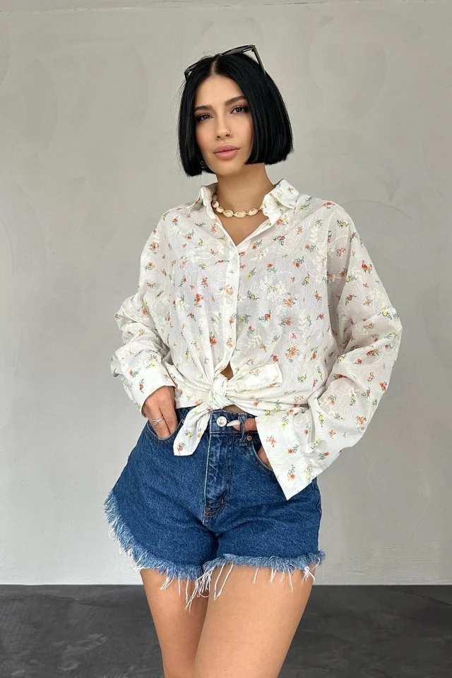 Oranj Brode Çiçek Nakışlı Klasik Gömlek