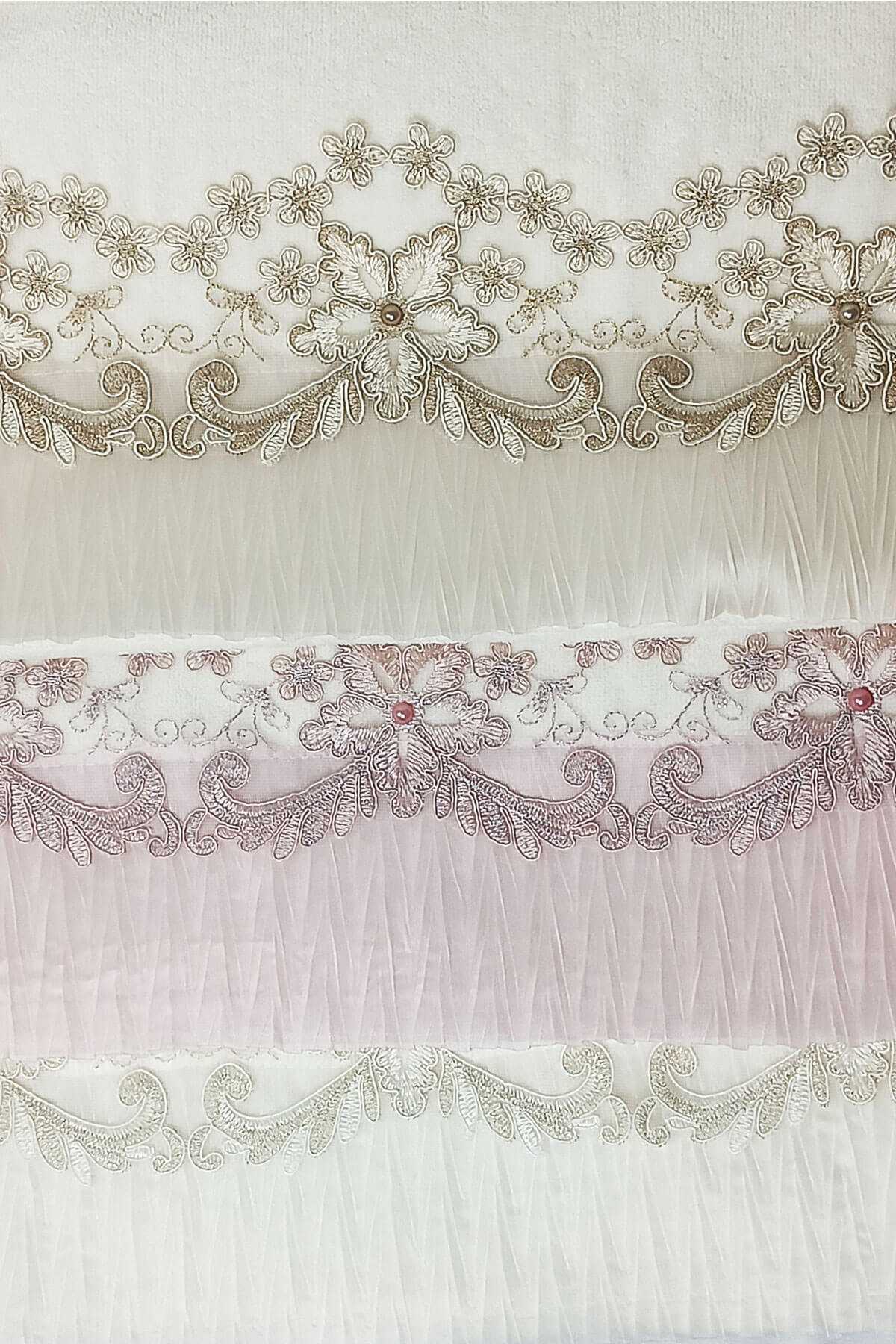 3 Lü Tül Dantel İşlemeli Boncuklu Havlu Seti 50X90 Cm