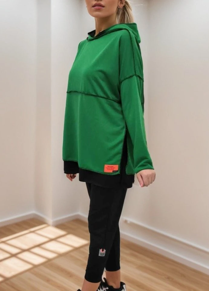 Kadın Yeşil Kapşonlu Etek Ucu Detay Arma Ters Dikiş Gorunumlu Ikili Takım