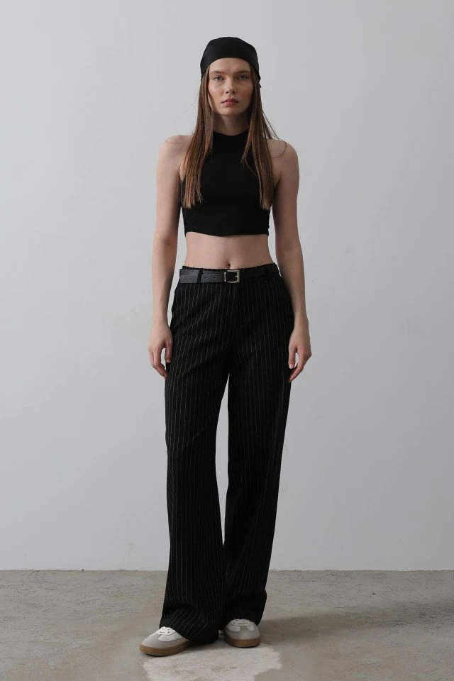 Kemerli Palazzo Pantolon - Siyah-Beyaz