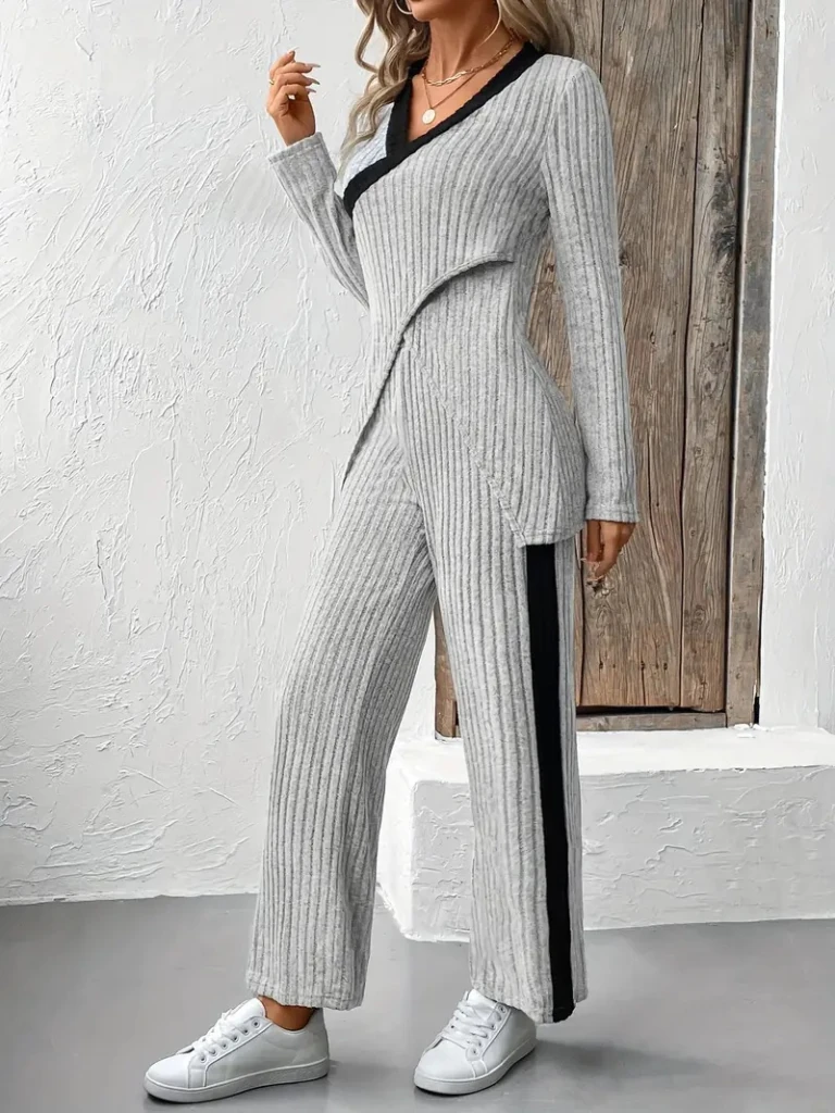 Kadın Uzun Kollu V Yakalı çapraz Detaylı şardonlu Kaşkorse Bluz Ve Pantolon Ikili Takım