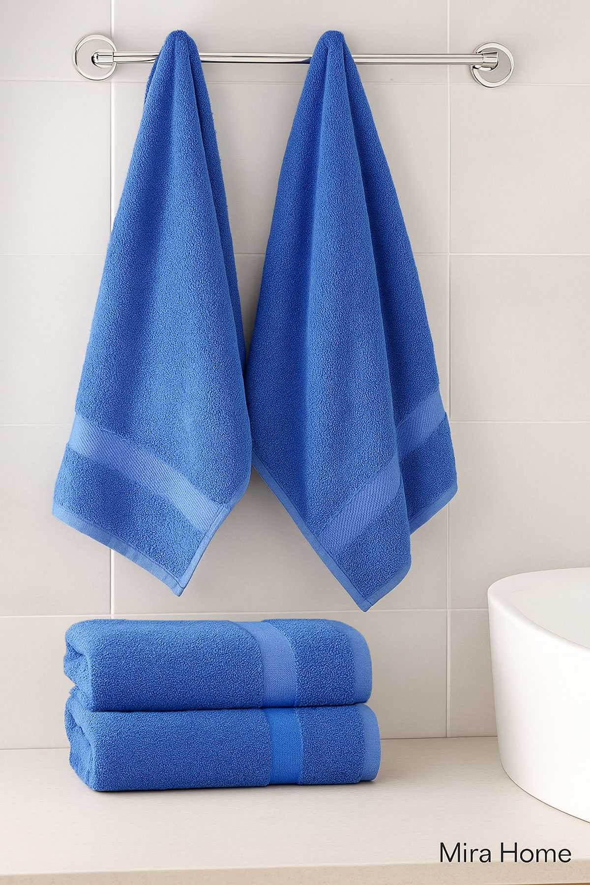 4 Parça Ekonomik Banyo Havlu Takımı &amp;#37;100 Pamuklu Quickdry Mavi Mavi