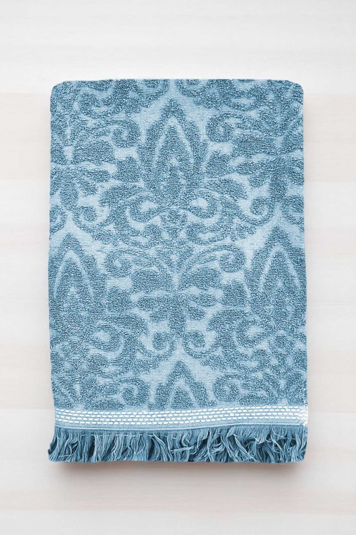 2 Parça Jakarlı Banyo Havlu Takımı &amp;#37;100 Pamuklu 90x150 Cm Arden Mavi