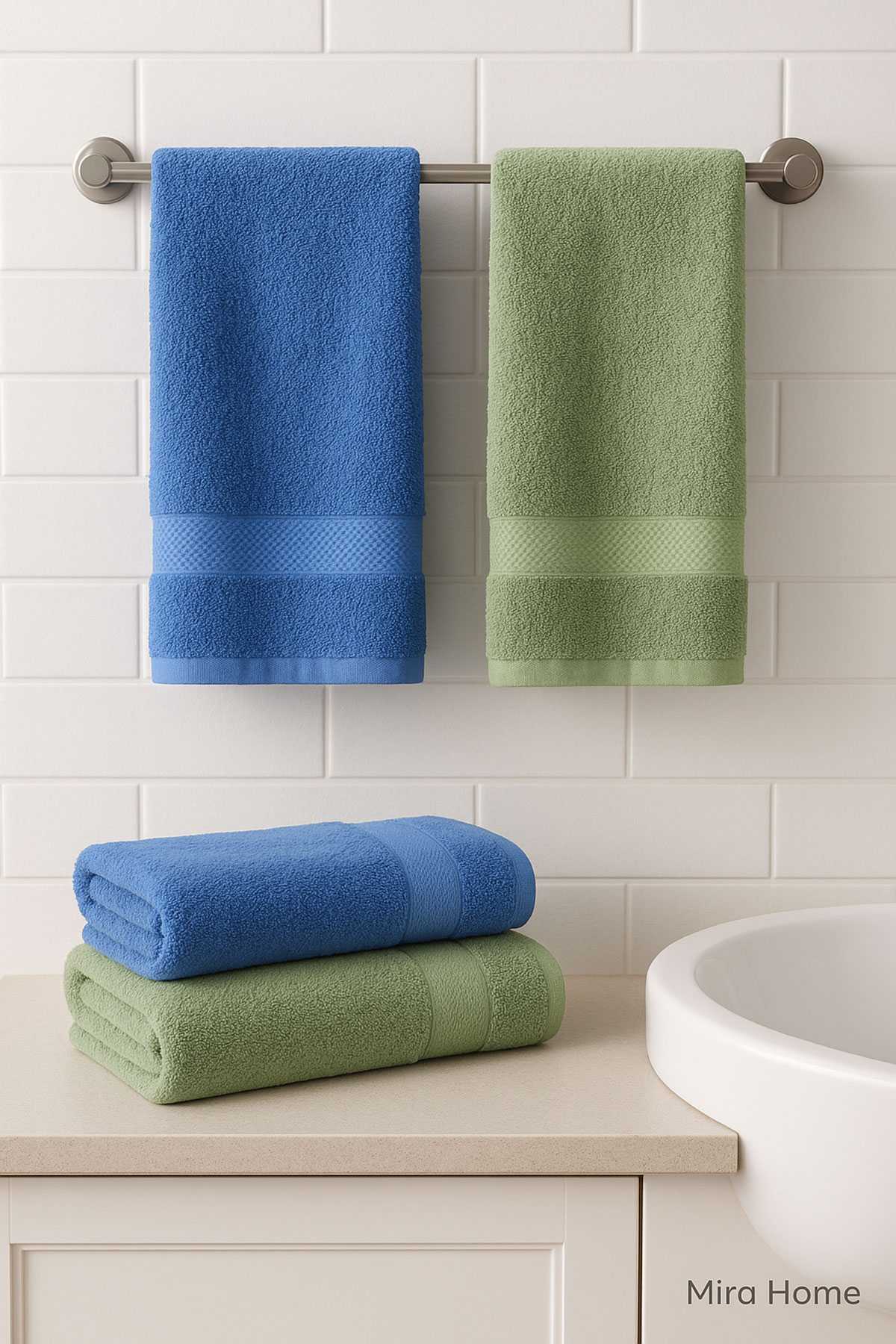 4 Parça Ekonomik Banyo Havlu Takımı &amp;#37;100 Pamuklu Quickdry Mavi Yeşil