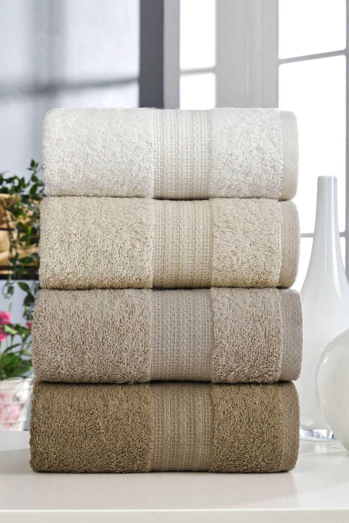 4 Lü El Yüz Havlu Seti &amp;#37;100 Pamuklu Gökkuşağı 50x85 Cm Kahve