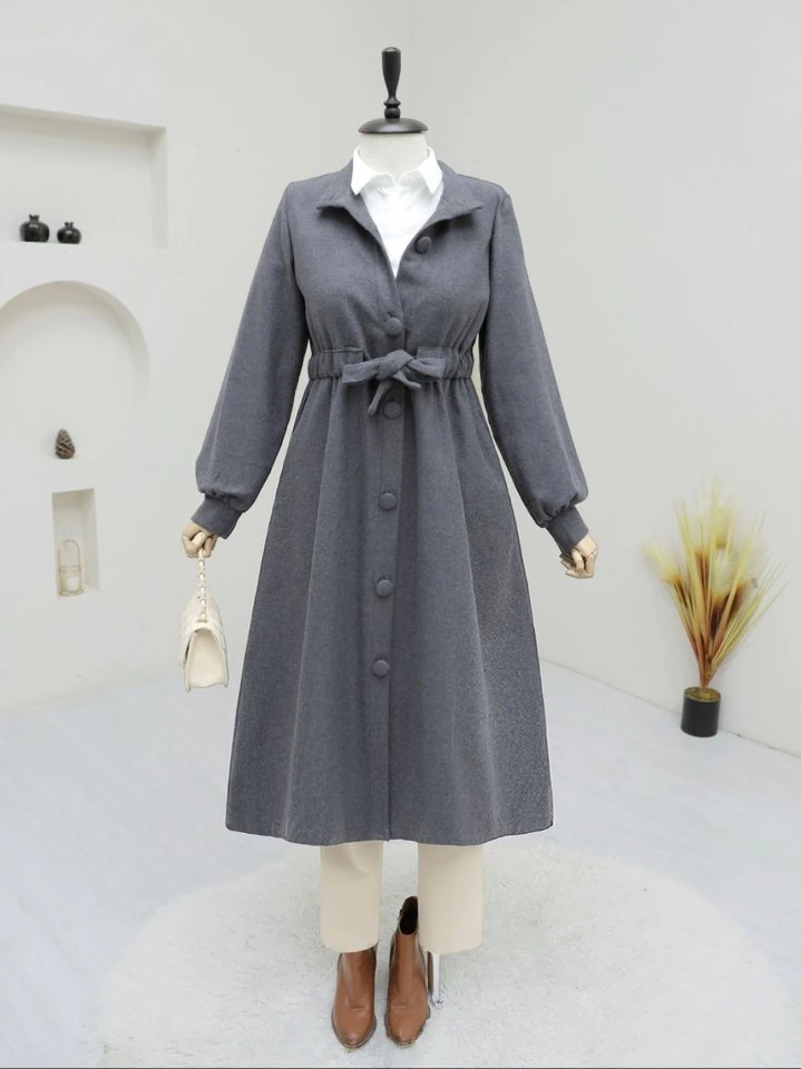 Belden Bağlamalı Top Düğmeli Kaşe Kaban -Füme