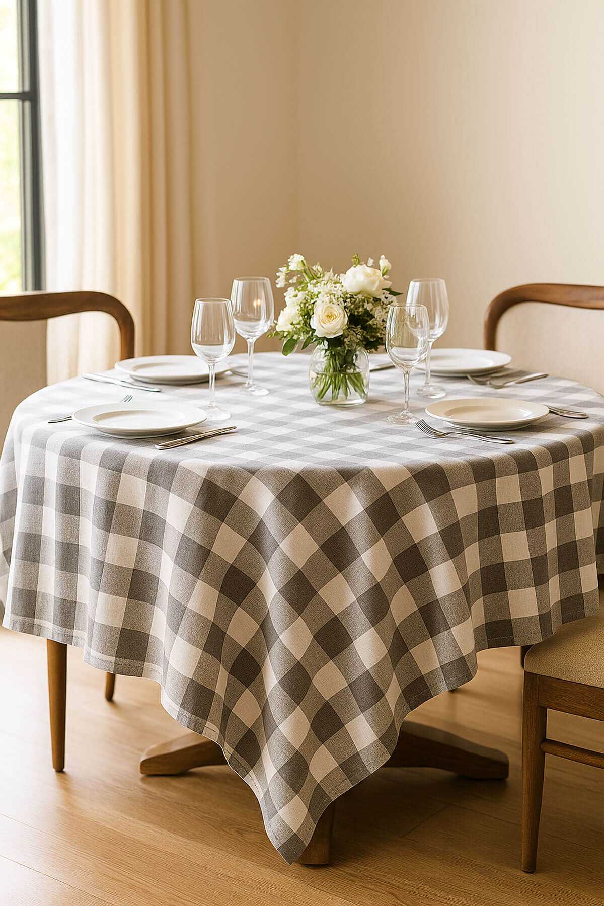 Fiber Kareli Masa Örtüsü Sofra Bezi Ekose Desen 160x160 Cm Gri