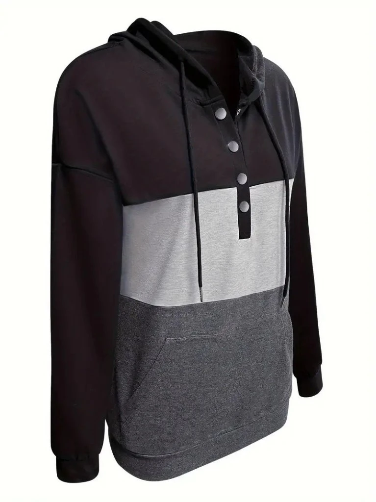 Kadın Uzun Kollu Kapşonlu çok Renkli Iki Iplik Bluz