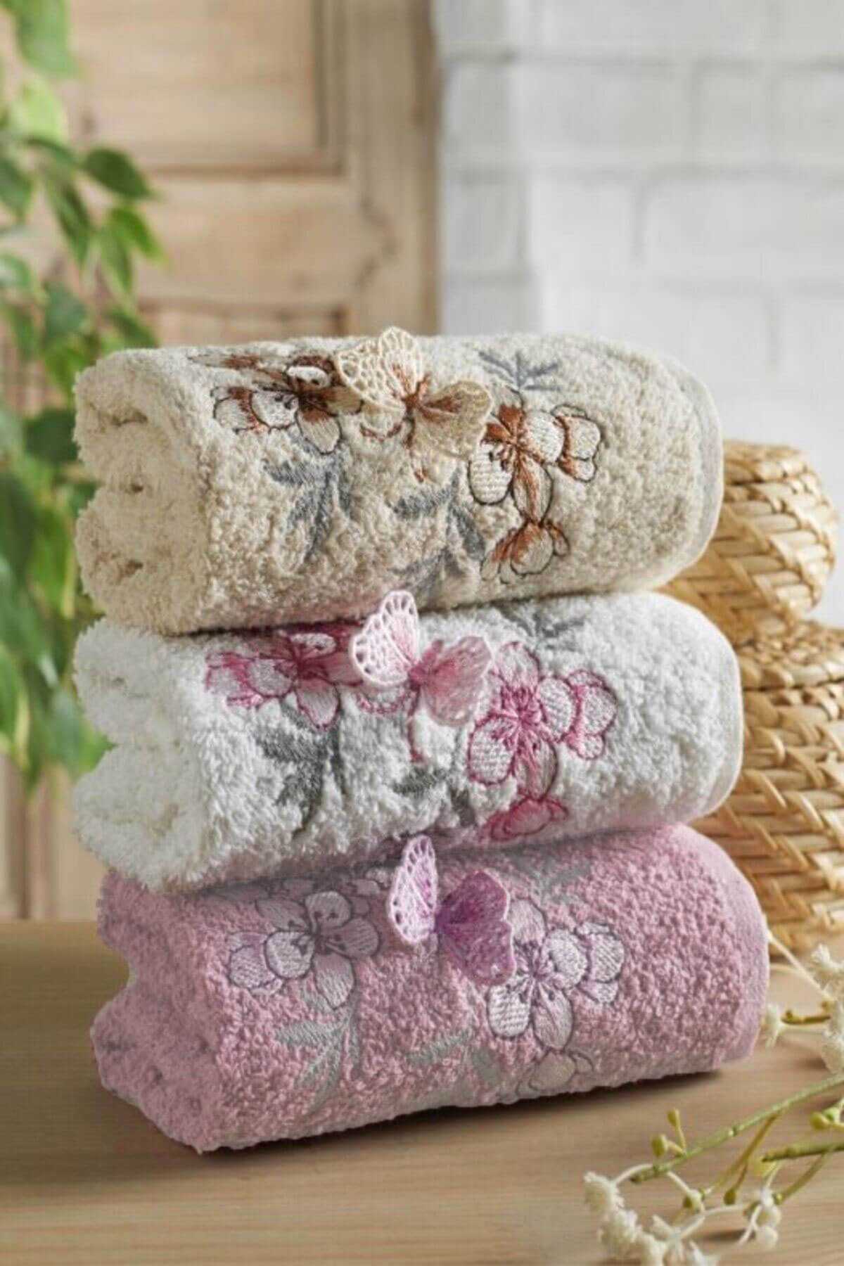 3lü Lüks &amp;#37;100 Pamuklu Mutfak Havlusu Seti 3D Kelebek Aplikeli 30x50 Cm