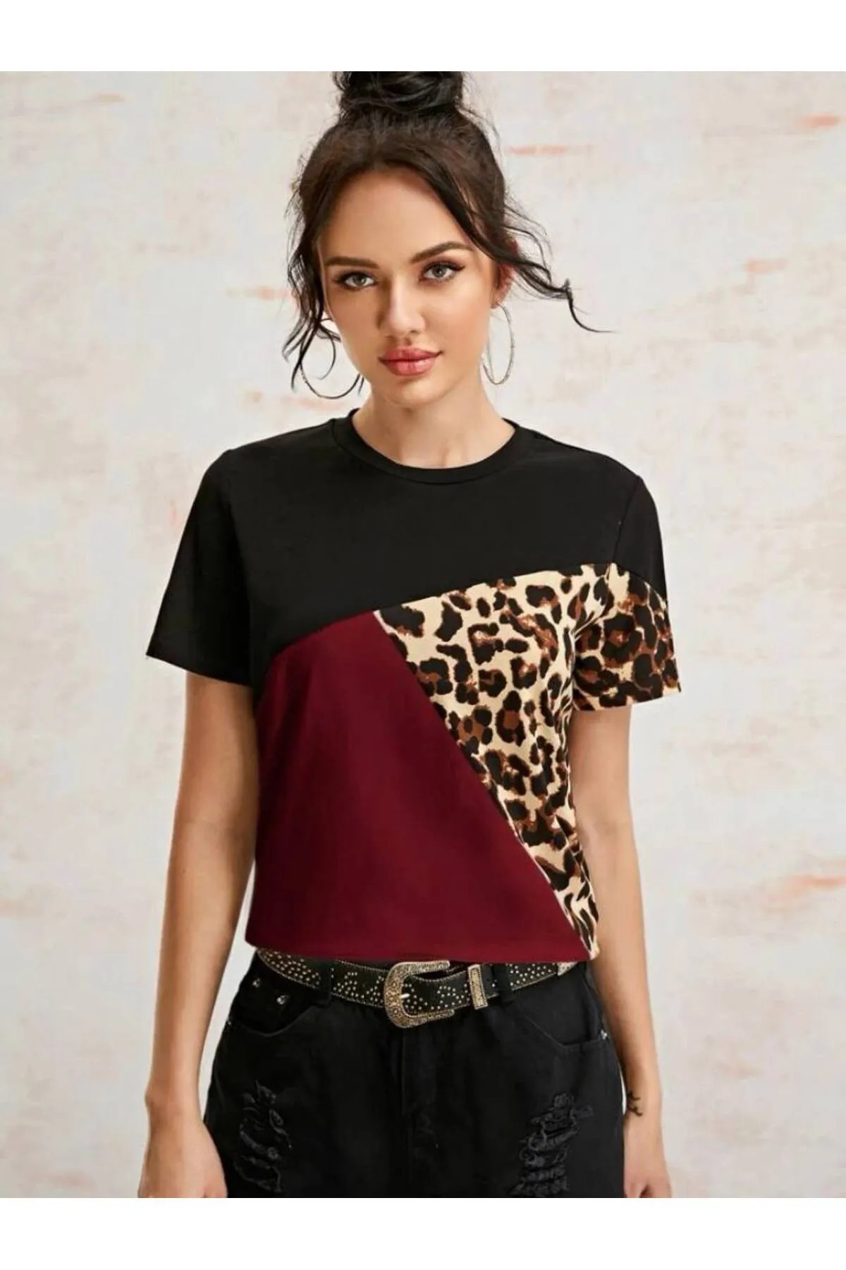 Asimetrik Leopar Desenli Bluz