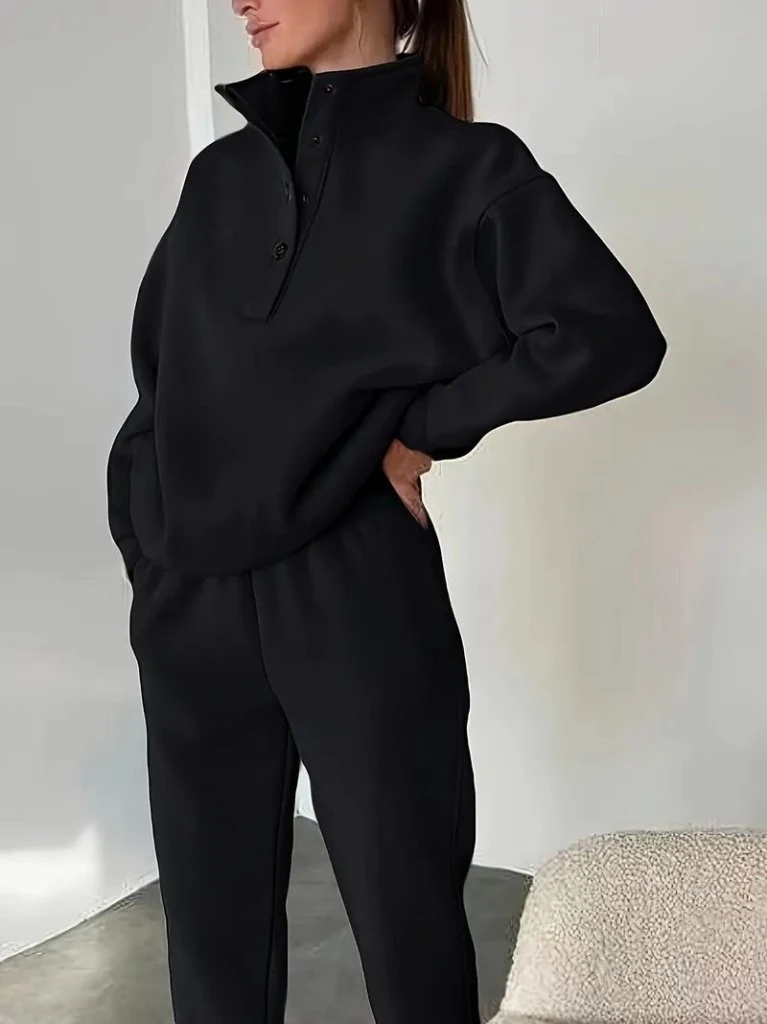 Kadın Uzun Kollu Balıkçı Dik Yakalı Düğmeli üç Iplik Bluz Ve Pantolon Ikili Takım