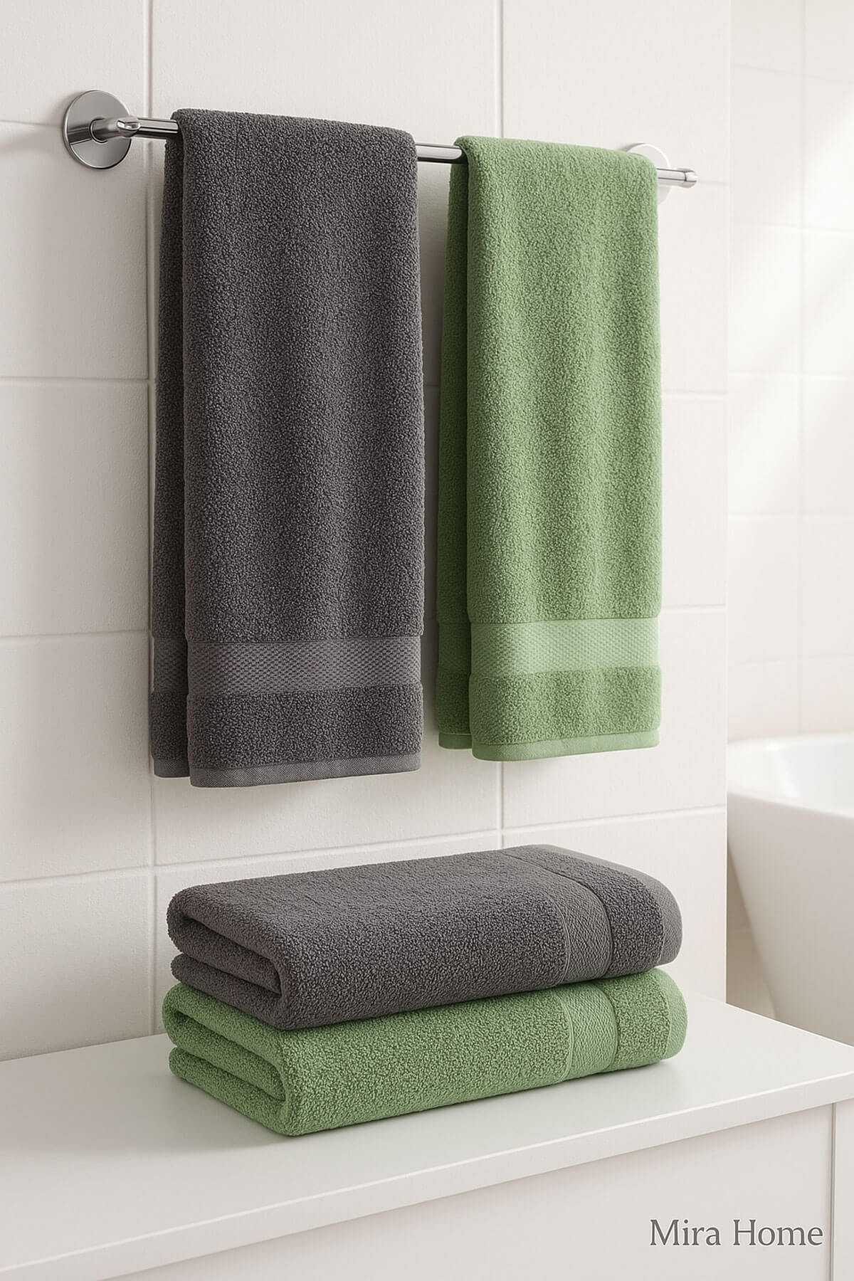 4 Parça Banyo Havlu Takımı &amp;#37;100 Pamuklu Dry Antrasit Yeşil