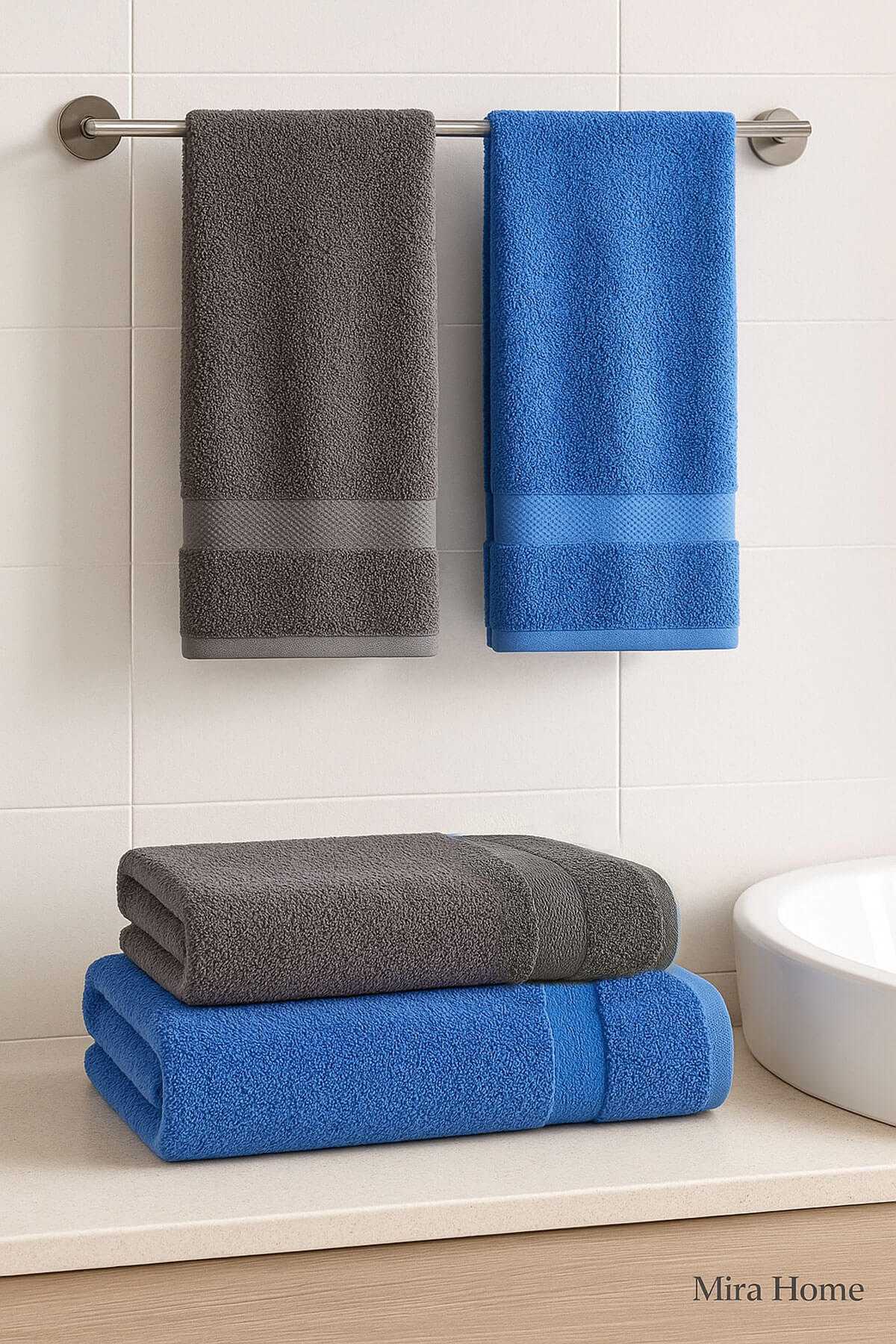 4 Parça Banyo Havlu Takımı &amp;#37;100 Pamuklu Dry Antrasit Mavi