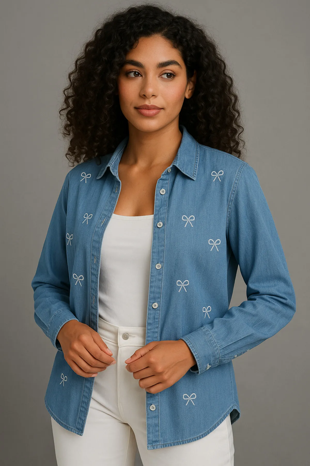 Kurdele detaylı kot denim gömlek