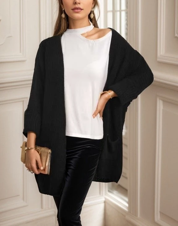 Kadın Oversize Kalıp Cep Detay Salaş Triko Hırka