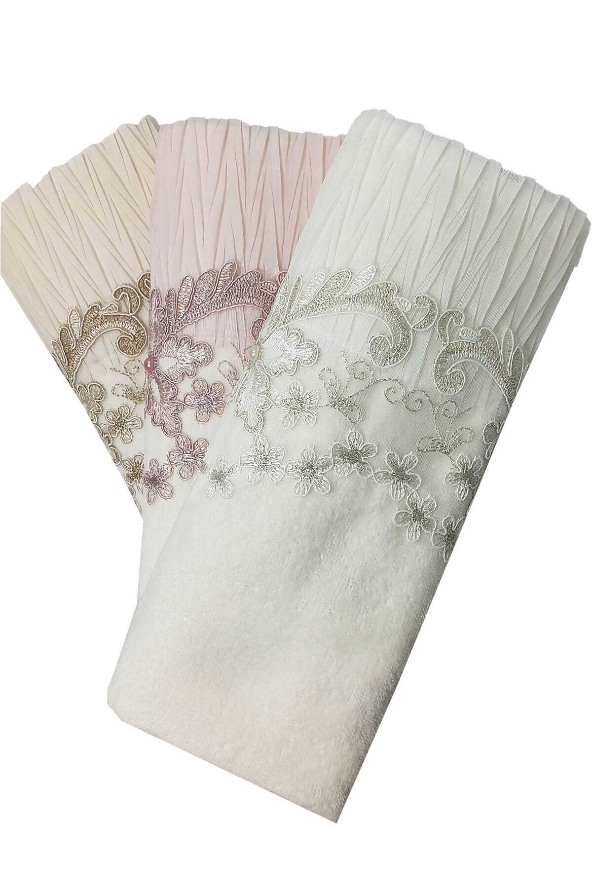 3 Lü Tül Dantel İşlemeli Boncuklu Havlu Seti 50X90 Cm