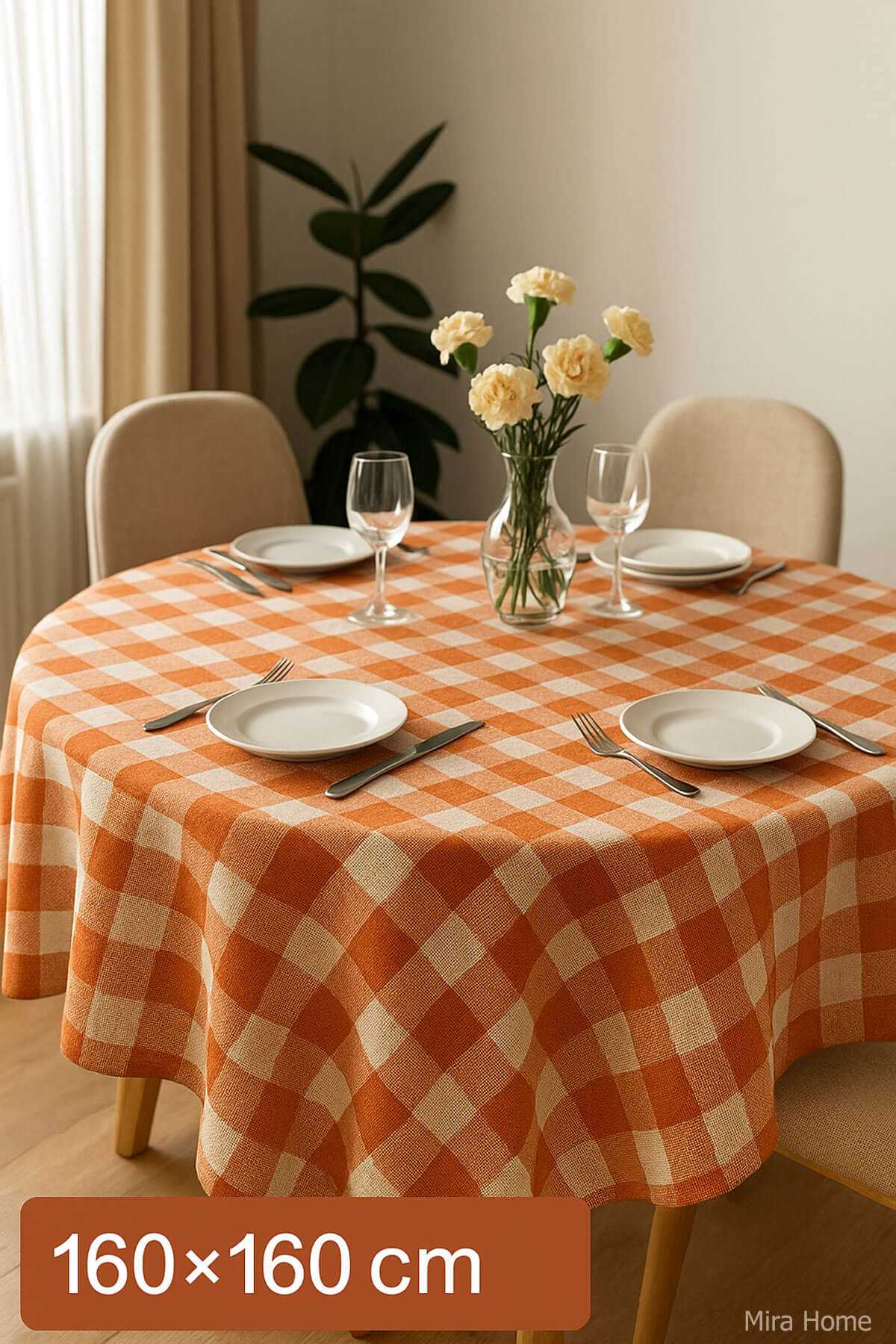 Fiber Kareli Masa Örtüsü Sofra Bezi Ekose Desen 160x160 Cm Turuncu