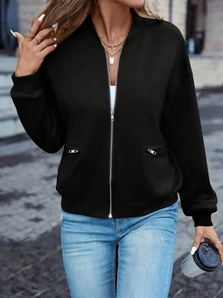 Kadın Uzun Kollu önden Fermuarlı Cepli Modal Ceket