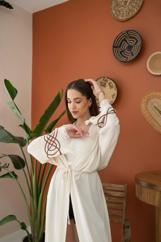 Kahverengi Baskı Detay Keten Hırka